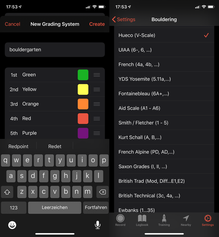 Difficulty Grades Overview in Redpoint