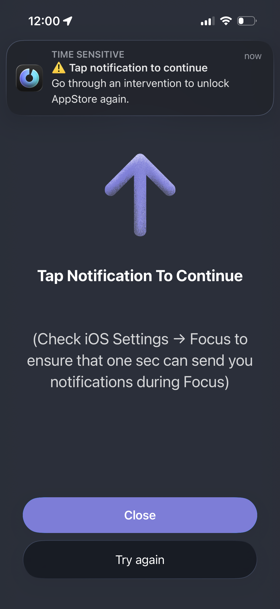 Screenshots of the workaround where the user has to tap a local notification